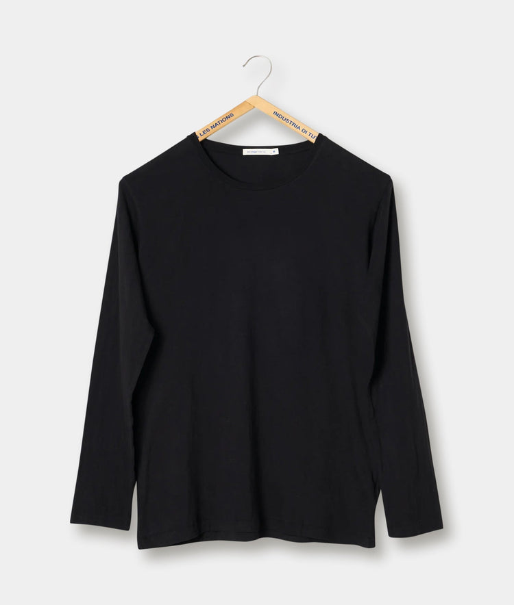 A black long-sleeve t-shirt hanging on a wooden hanger with a tag that says "Les Nations Industria di tu" - Industry of All Nations