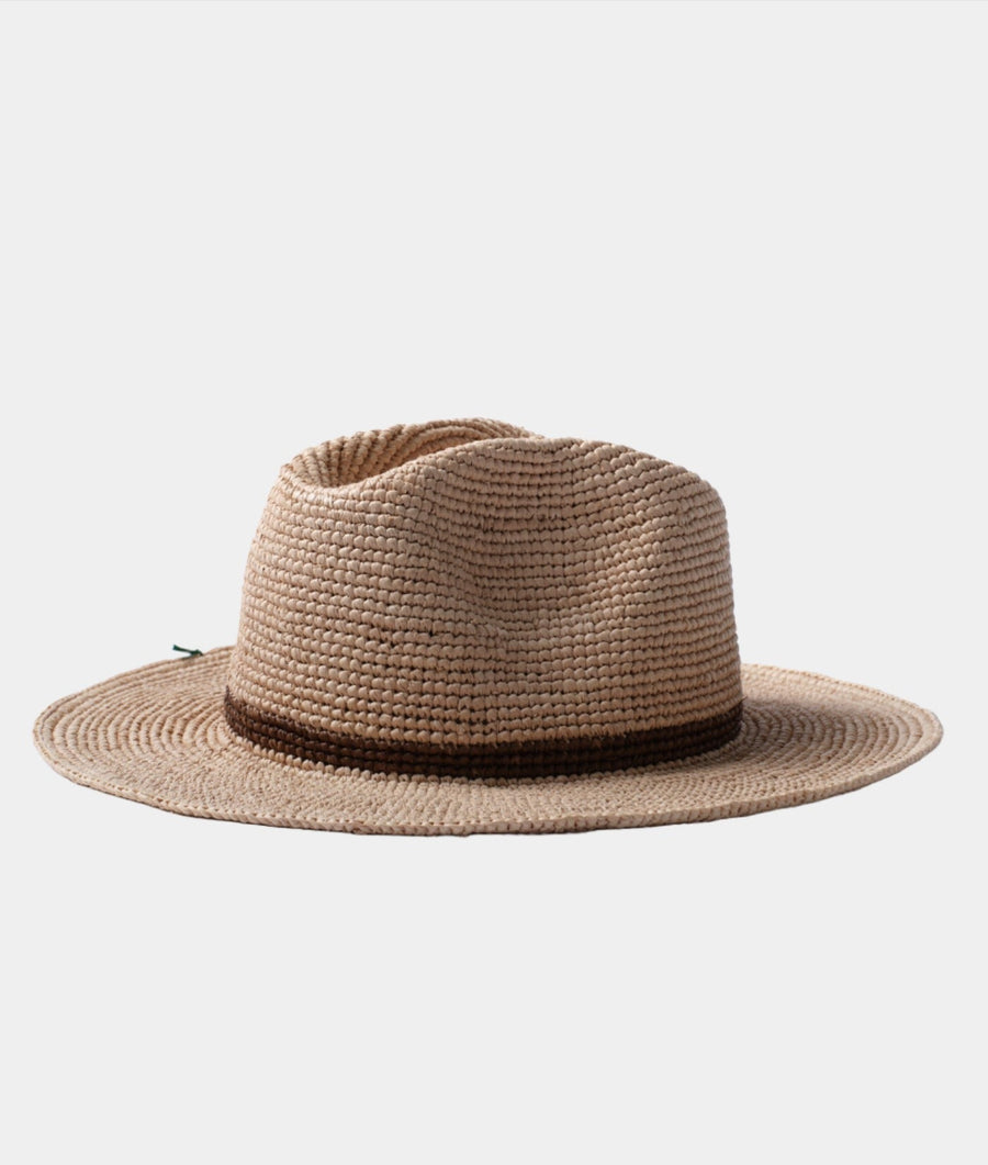 Tan wide-brimmed sun hat with brown trim, displayed on white background - Industry of All Nations