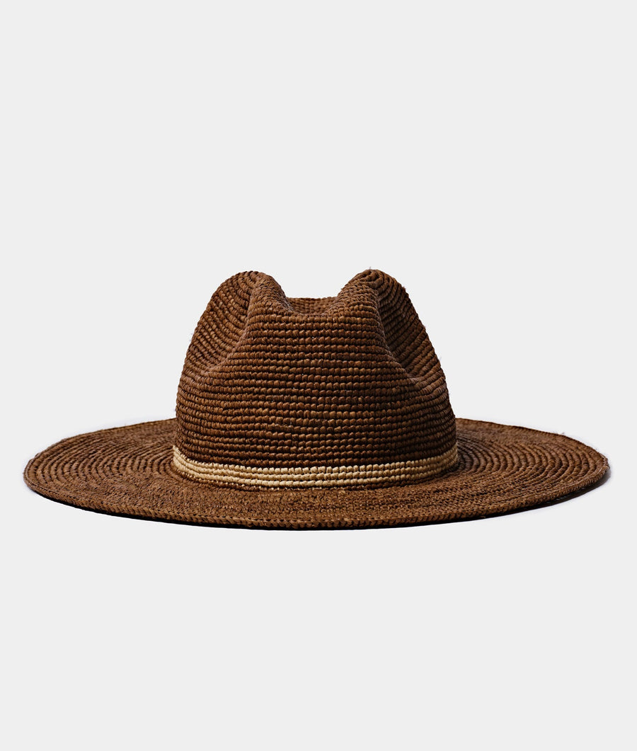 A brown crocheted wide-brimmed hat with a wide woven band around the crown - Industry of All Nations