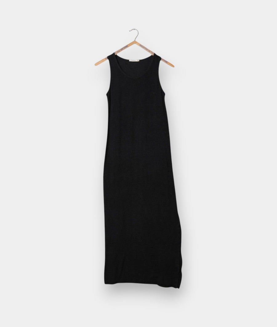 Industry of All Nations black organic cotton pique tank dress with a sleeveless design and textured knit fabric.