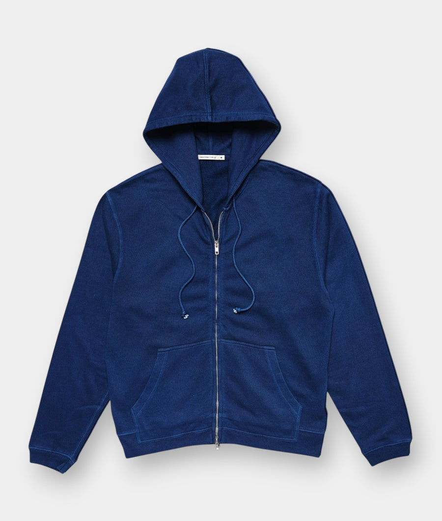 Industry of All Nations navy blue organic cotton zip hoodie with a two-way zipper and medium-weight fleece.
