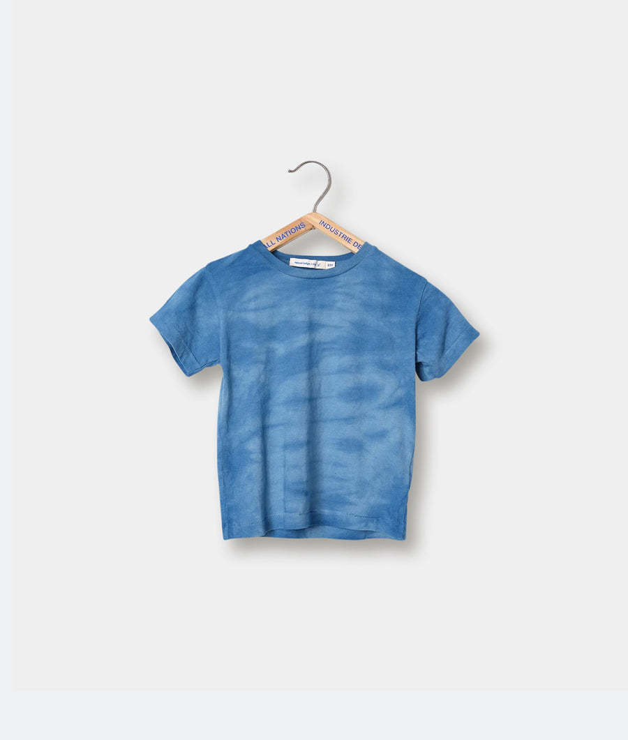 Blue tie-dye short-sleeve t-shirt displayed on a hanger - Industry of All Nations
