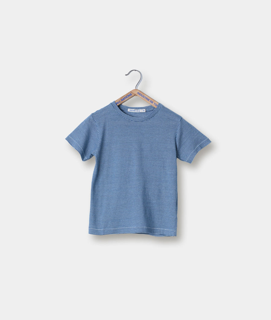 A striped blue and white cotton T-shirt displayed on a gray hanger - Industry of All Nations