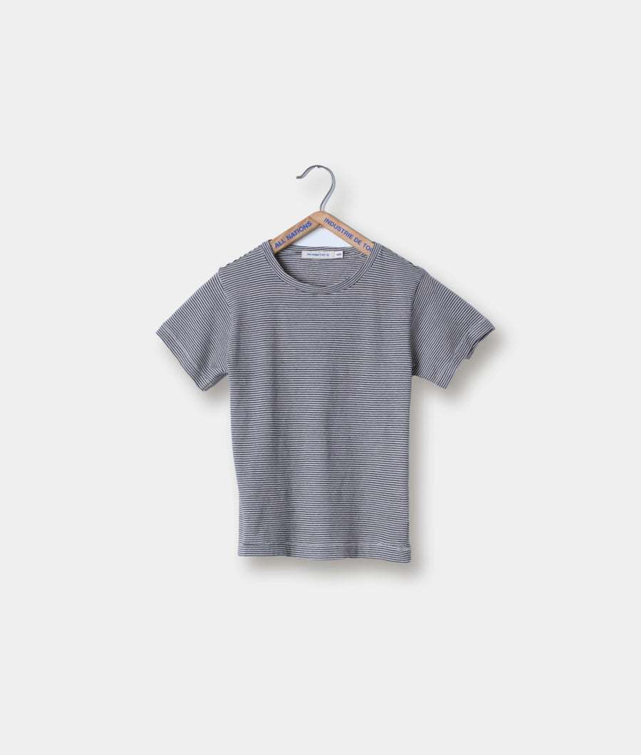 Striped grey t-shirt hanging on a grey hanger - Industry of All Nations