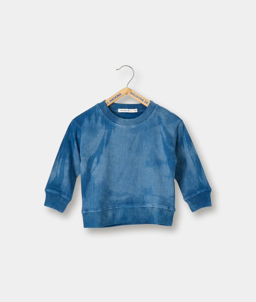 Blue tie-dye long sleeve crewneck sweatshirt displayed on a hanger - Industry of All Nations