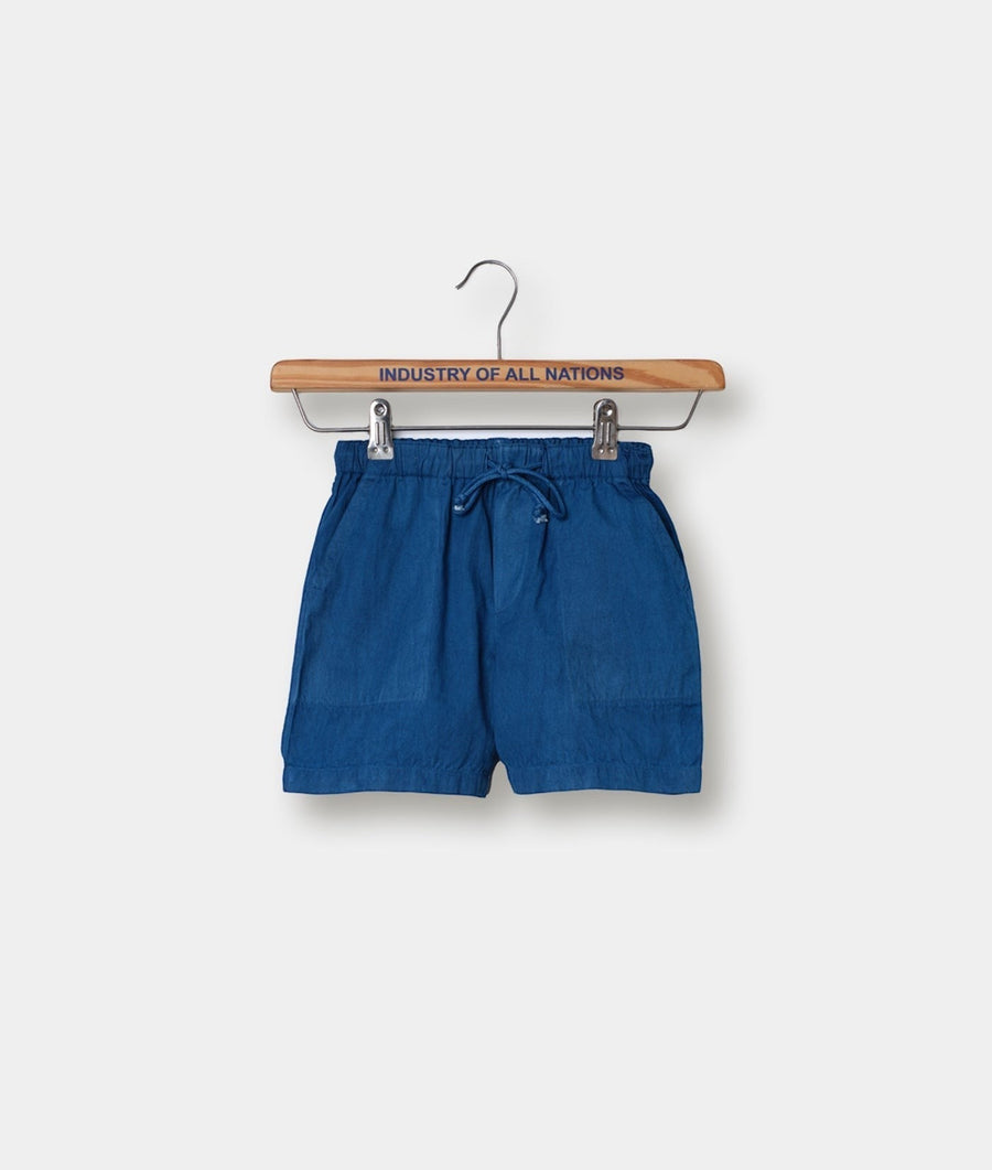 Blue drawstring shorts on wooden hanger with "Industry of All Nations" text - Industry of All Nations
