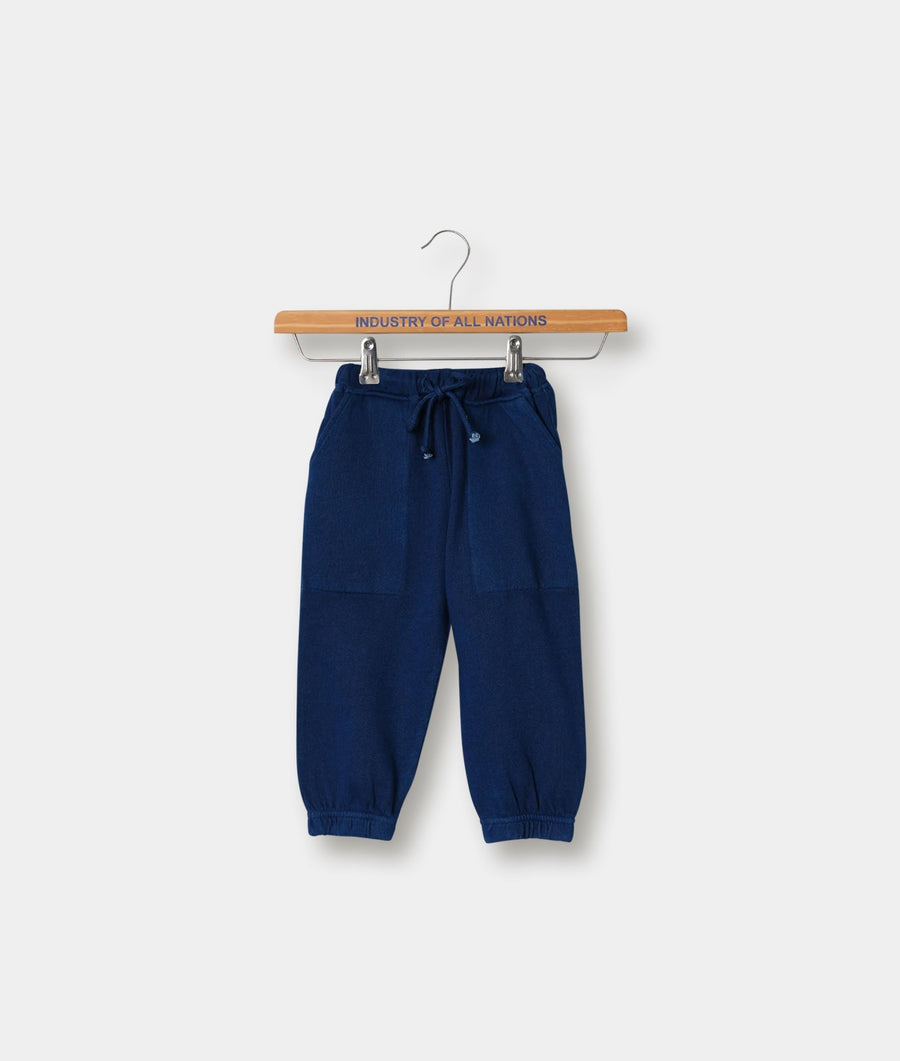 Navy blue cotton drawstring pants displayed on a wooden hanger with "Industry of All Nations" text - Industry of All Nations