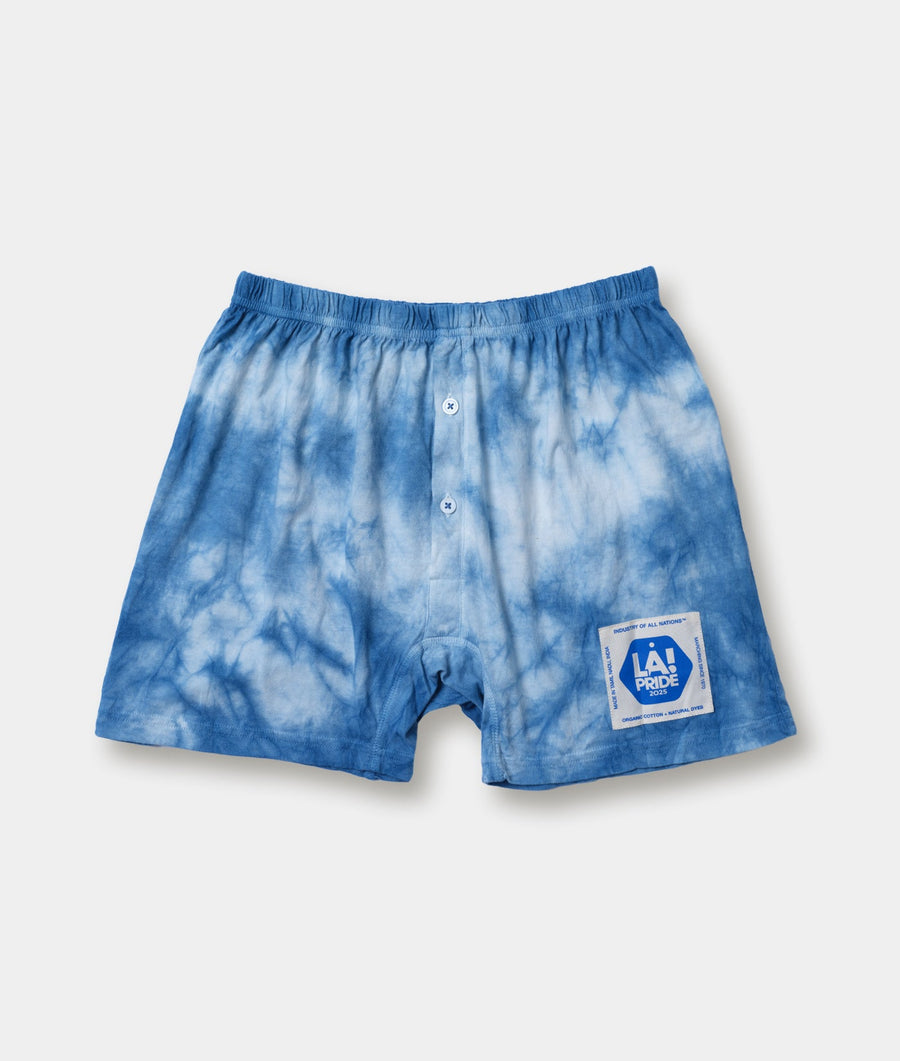 Blue and white tie-dye organic cotton boxers featuring LA Pride label - Industry of All Nations