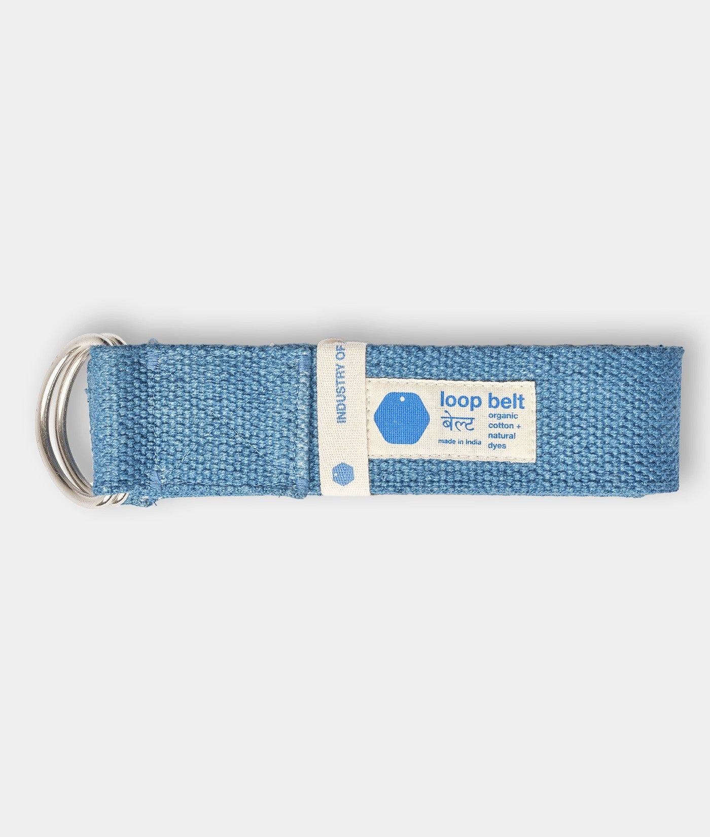 A blue organic cotton loop belt displayed on a flat surface - Industry of All Nations