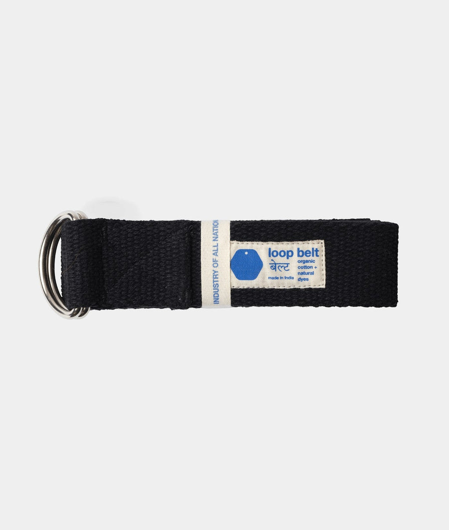 Black cotton loop belt with 'loop belt' logo and 'Industry of All Nations' label - Industry of All Nations