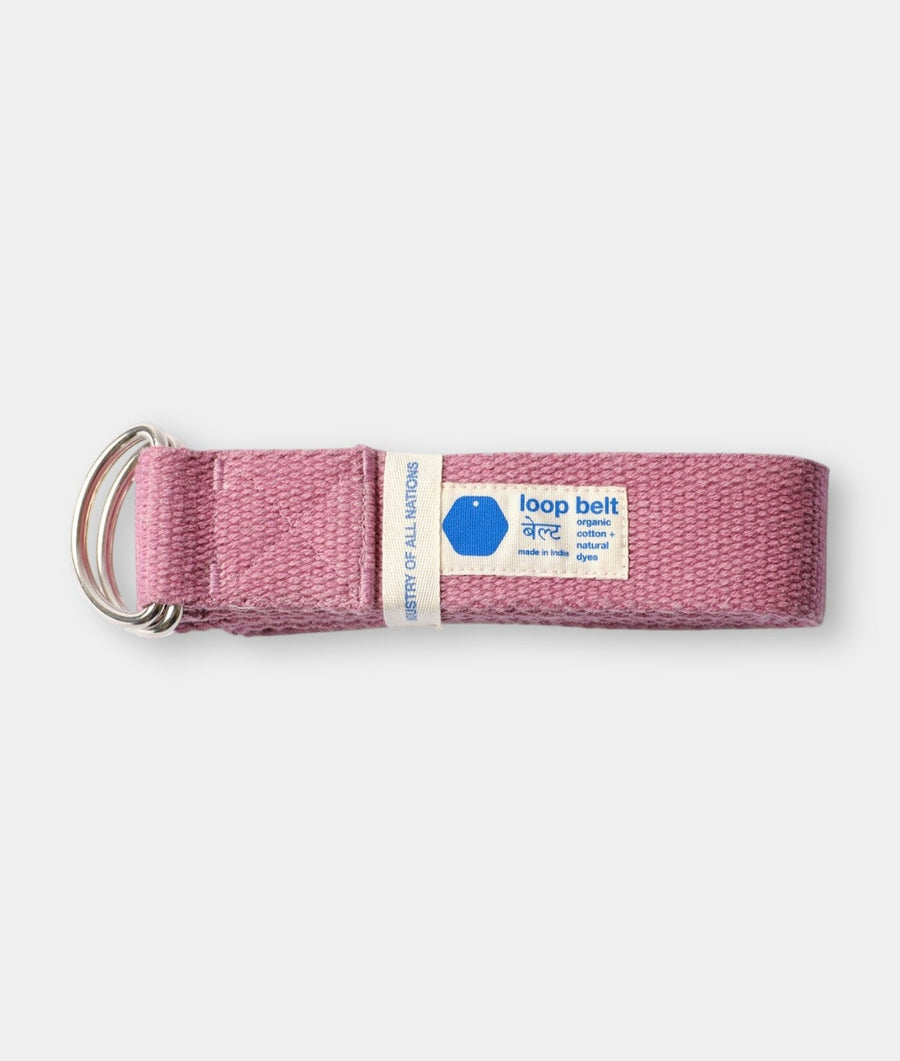 A pink loop belt made of organic cotton and natural dyes, displayed flat on a white background - Industry of All Nations