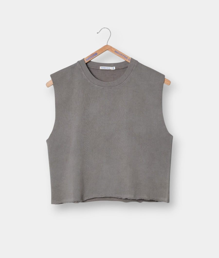Gray sleeveless tank top made of organic cotton, displayed on a wooden hanger - Industry of All Nations