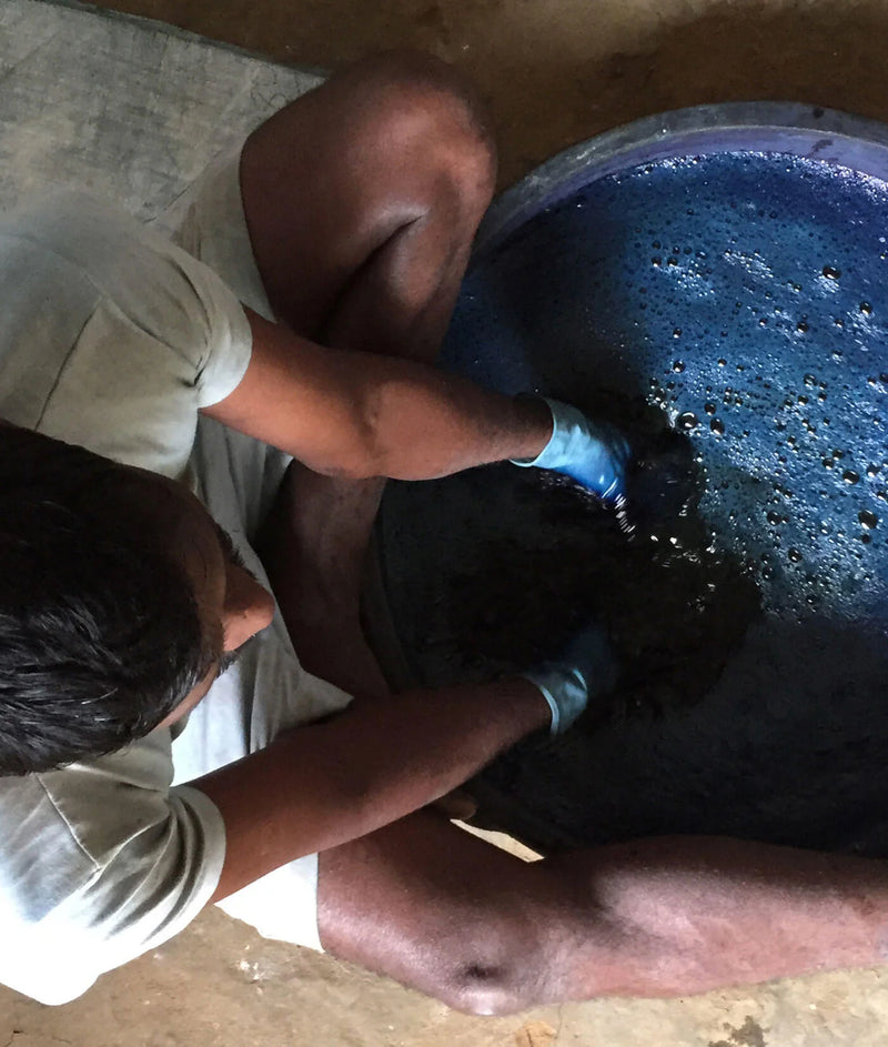 A dyemaster at a fermented natural indigo vat