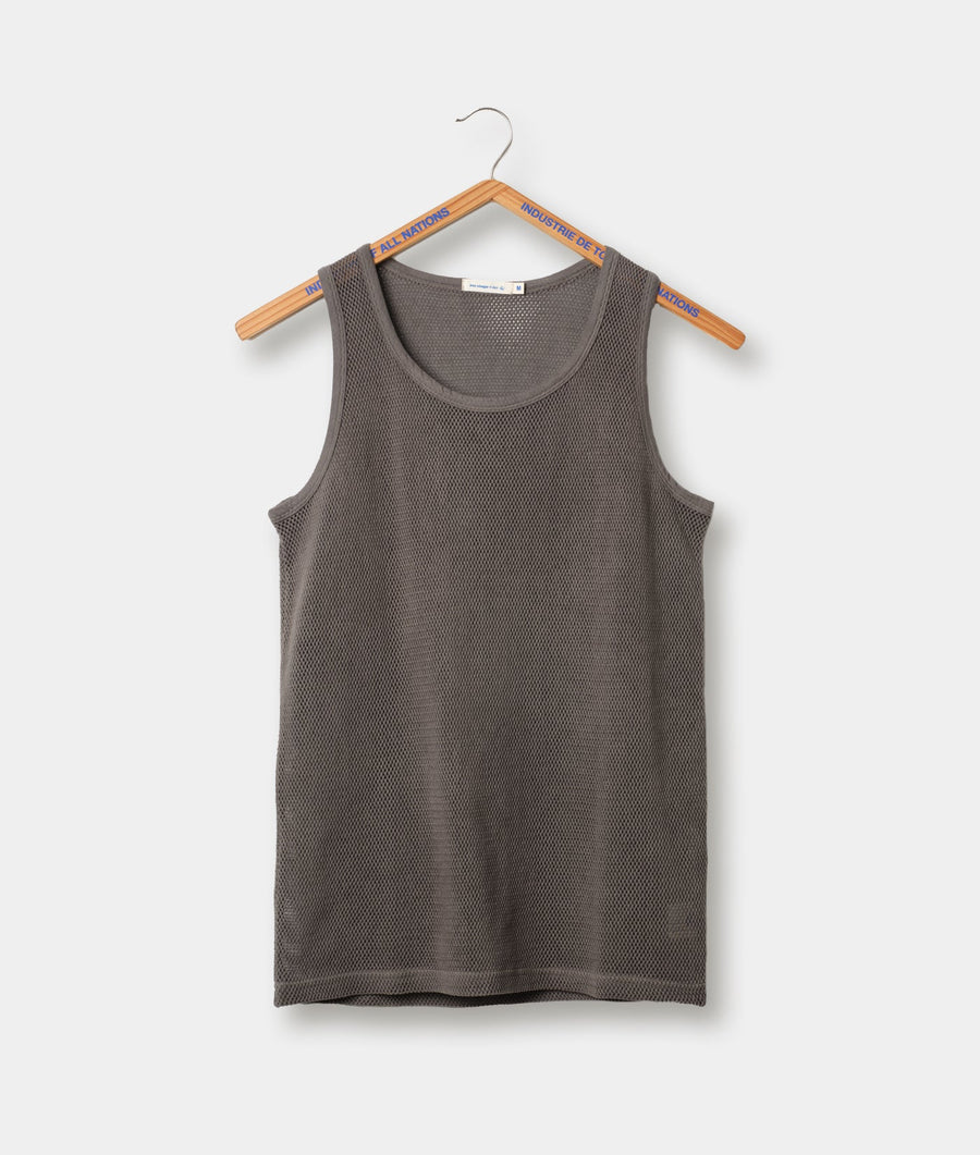 Gray mesh tank top hanging on wooden hangers - Industry of All Nations