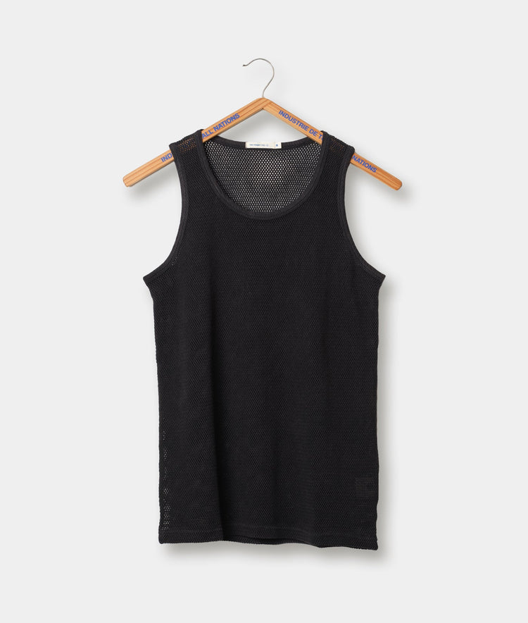 Black mesh athletic tank top hanging on wooden hanger - Industry of All Nations