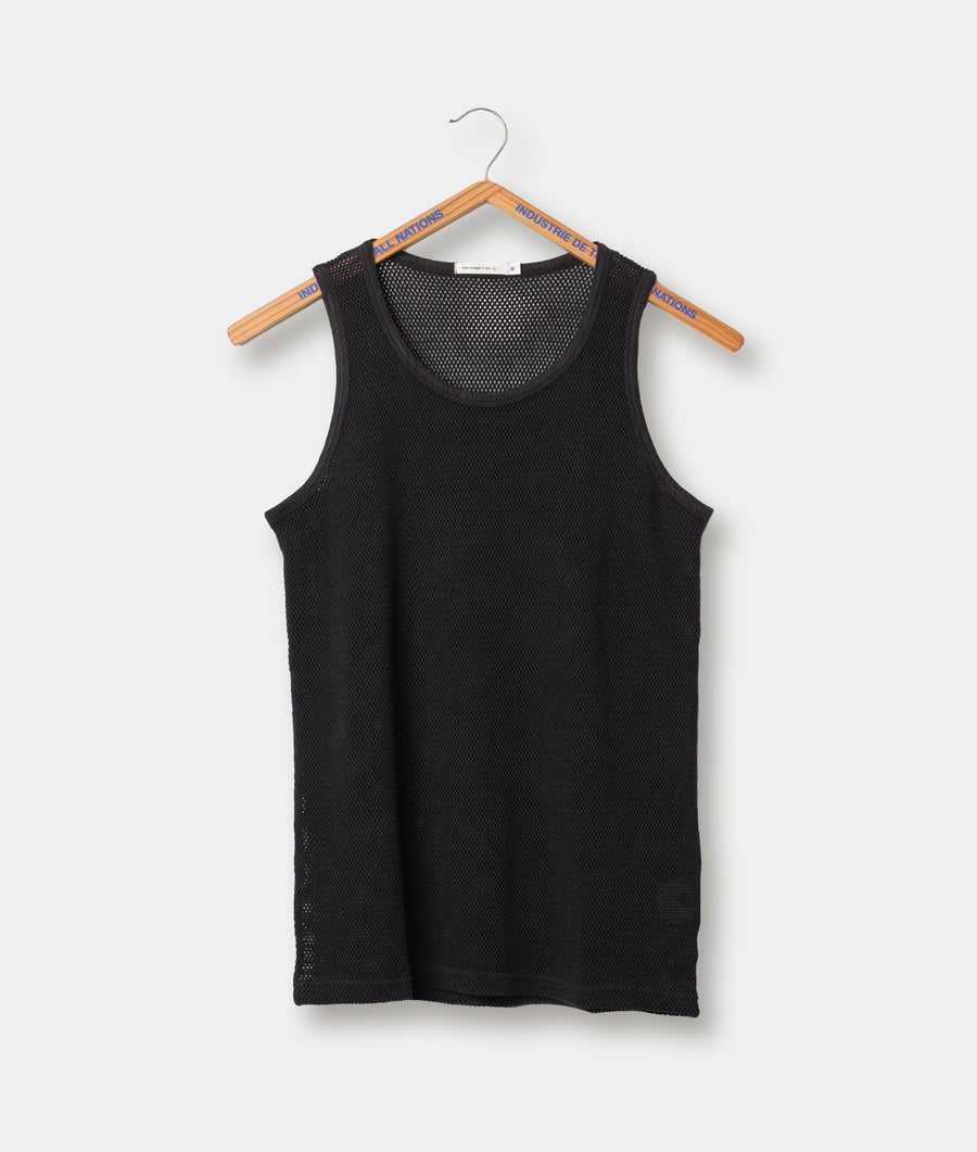 Black mesh athletic tank top hanging on wooden hanger - Industry of All Nations