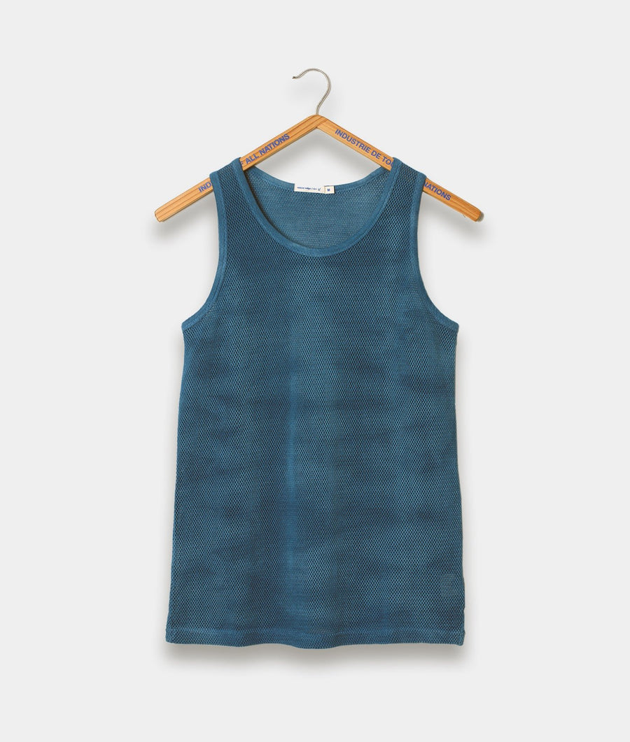 Teal blue mesh tank top hanging on wooden hanger with brand name 'Industrie De Tous' printed - Industry of All Nations