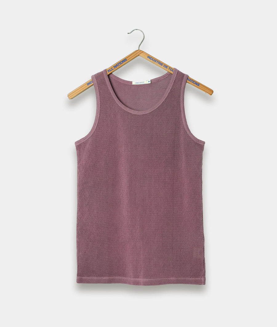 Purple mesh tank top displayed on a wooden hanger - Industry of All Nations