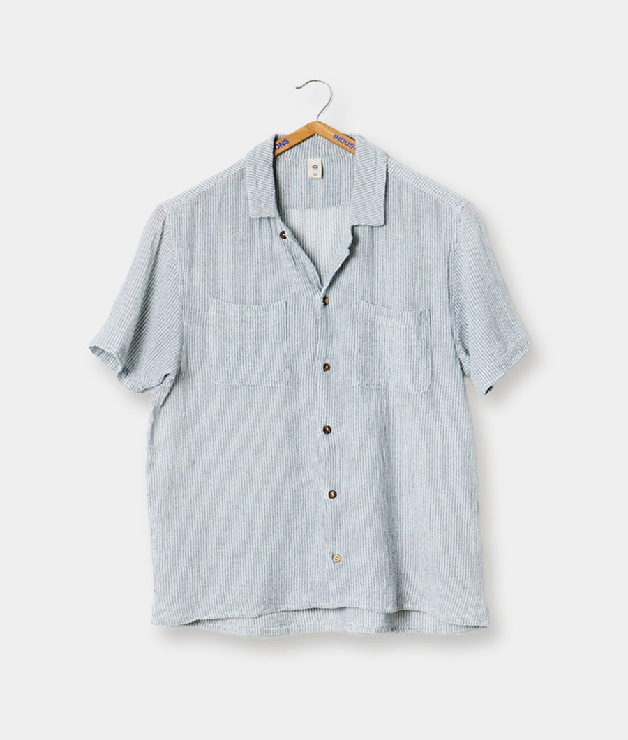 Gray striped short-sleeve button-up shirt displayed on a hanger - Industry of All Nations