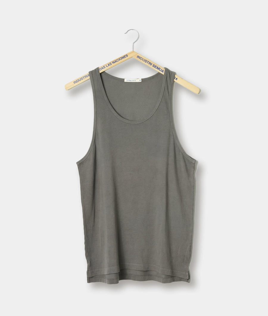 Gray tank top hanging on wooden hangers with brand labels - Industry of All Nations