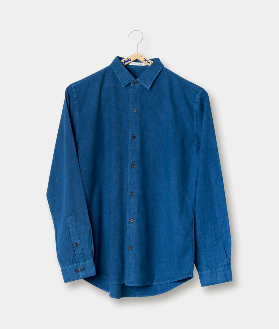 Navy blue button-down shirt hanging on a hanger - Industry of All Nations