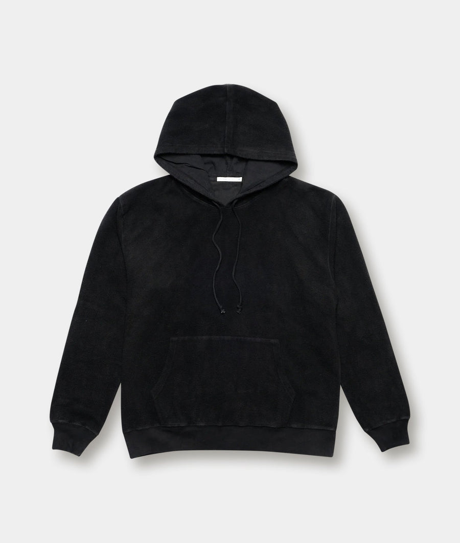 Black fleece pullover hoodie displayed flat on a white background - Industry of All Nations