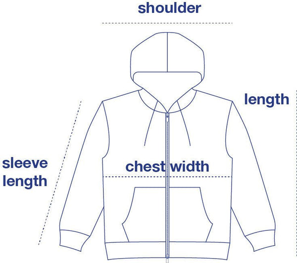 Zip Hoodie size chart measurement diagram