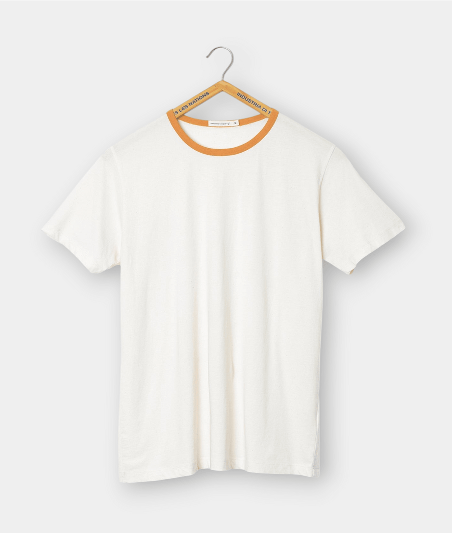 White crew neck t-shirt with orange trim on hanger - Industry of All Nations
