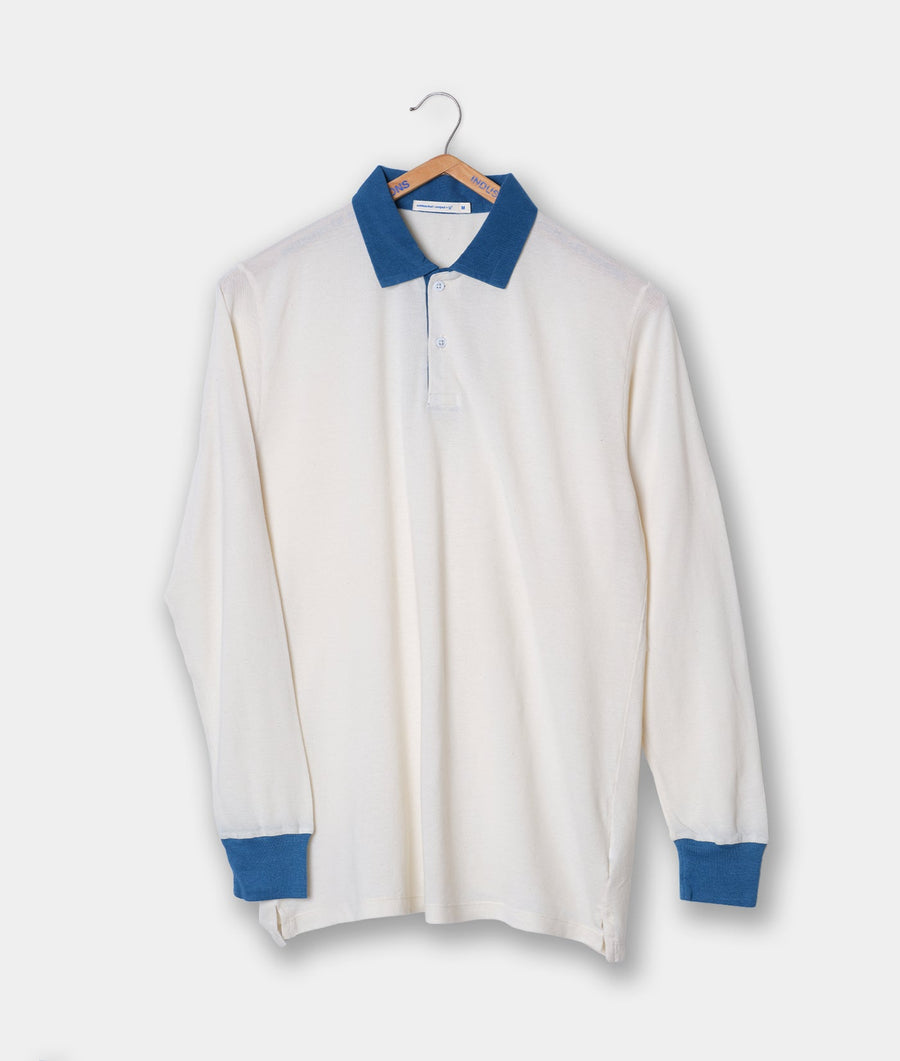 A white long-sleeved polo shirt with blue collar and cuffs, displayed on a hanger against a plain background - Industry of All Nations