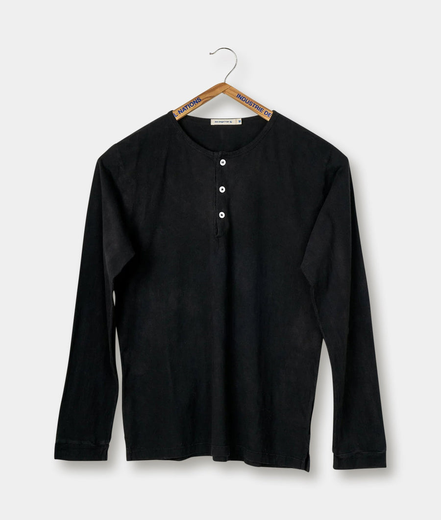 Black long-sleeve henley shirt displayed on a hanger - Industry of All Nations