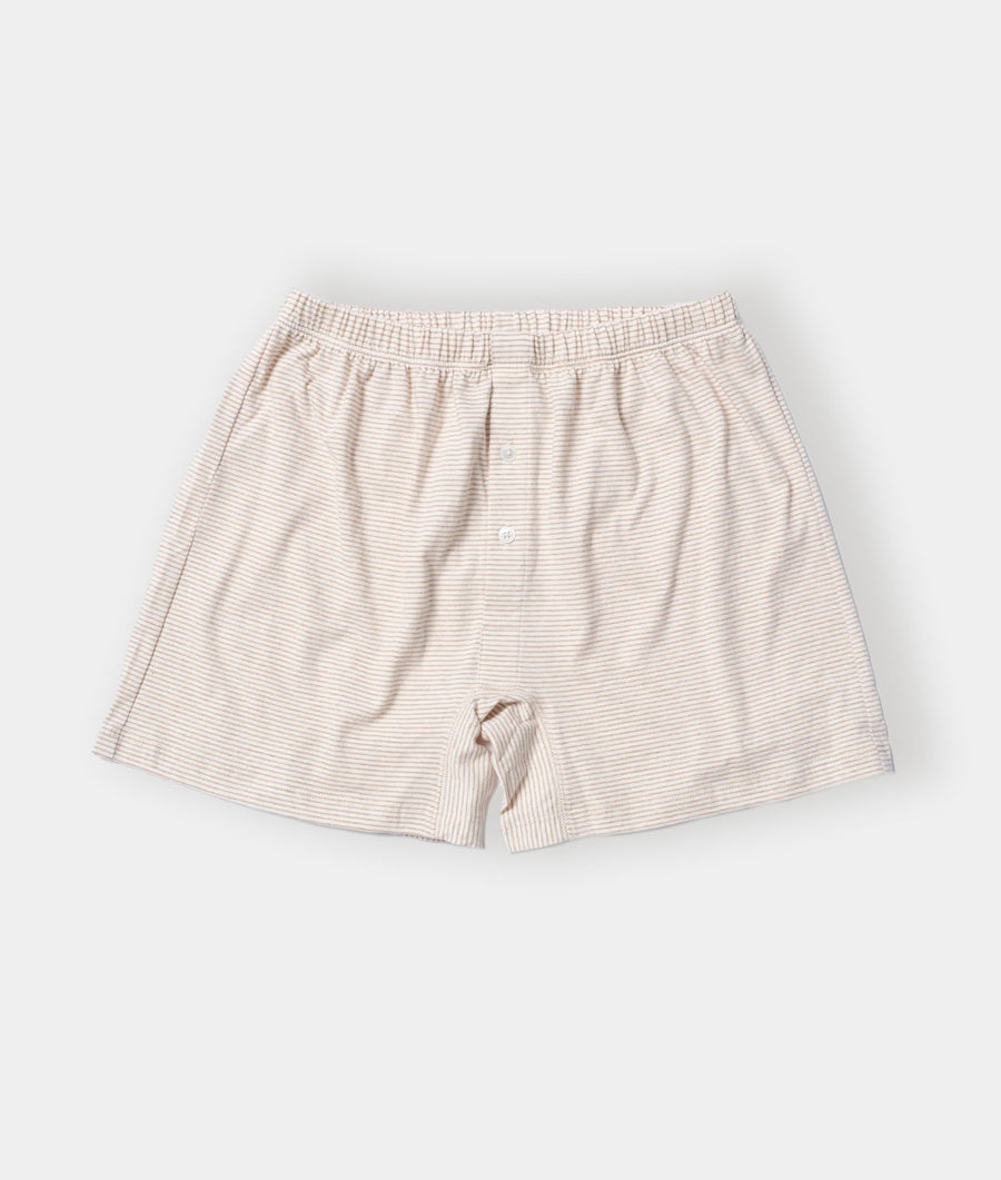 Beige and white striped boxer shorts, displayed flat on a white background - Industry of All Nations