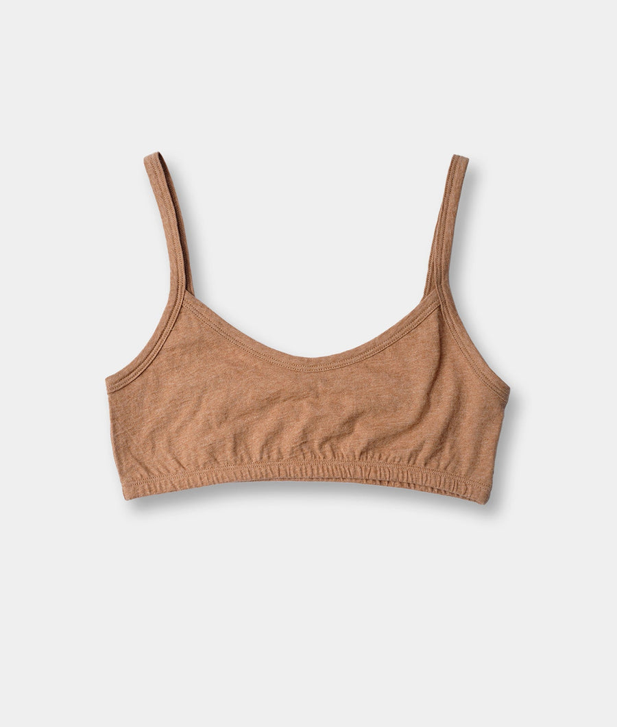 Tan-colored organic cotton sports bra, flat lay display - Industry of All Nations