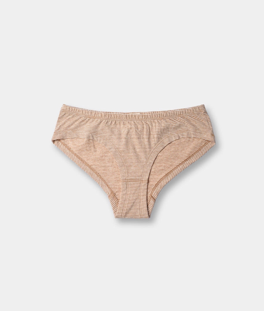 Tan and brown striped organic cotton women's panty in a flat lay product shot - Industry of All Nations