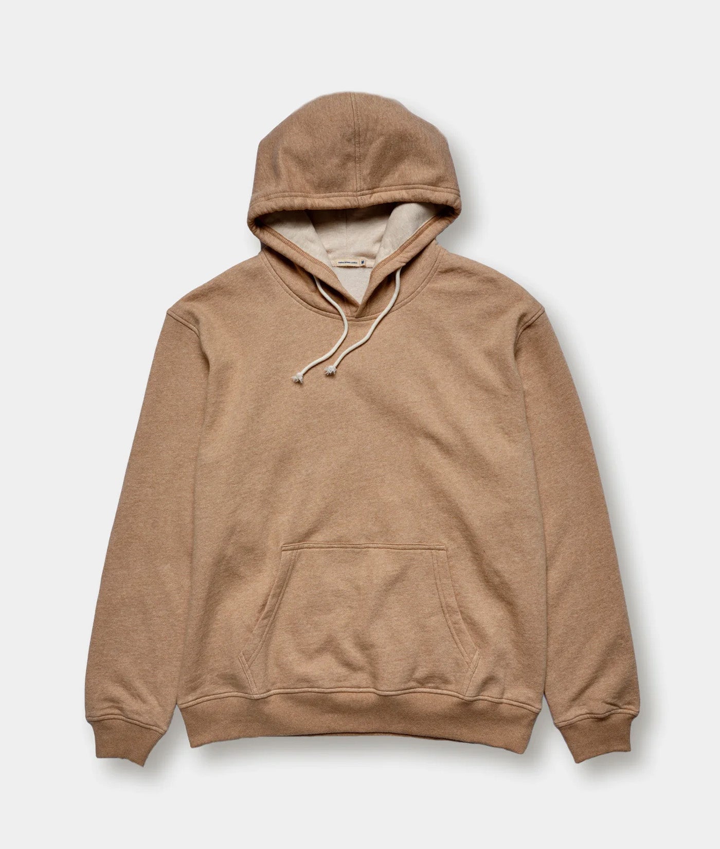 Tan hooded sweatshirt with drawstring and front pocket, displayed flat on a white background - Industry of All Nations