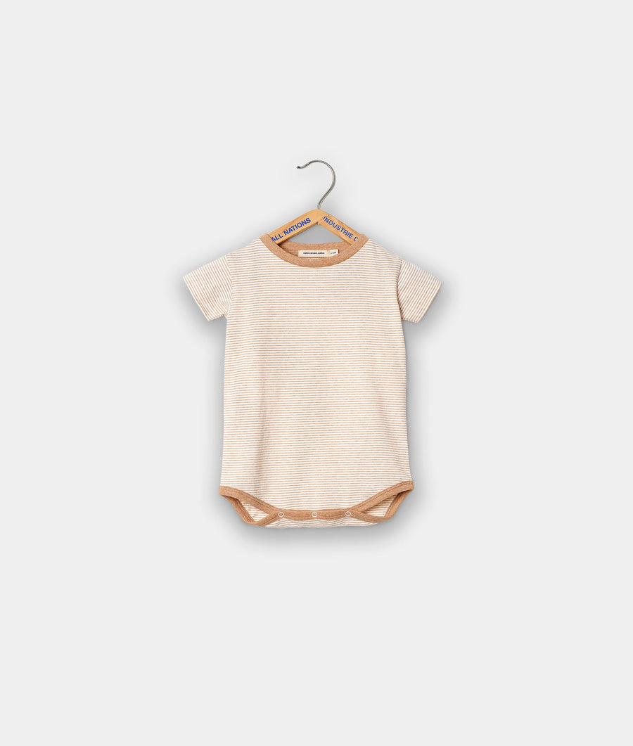 A striped beige infant onesie displayed on a gray hanger - Industry of All Nations