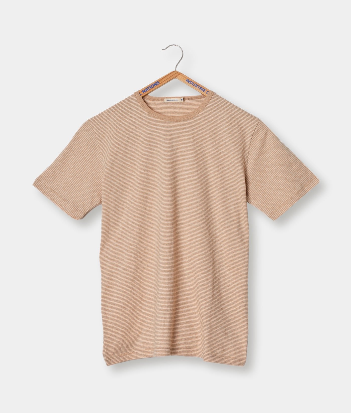 Tan ribbed cotton t-shirt displayed on a hanger - Industry of All Nations
