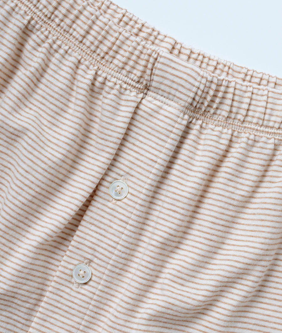 Beige and white striped organic cotton shorts with two buttons on the side - Industry of All Nations