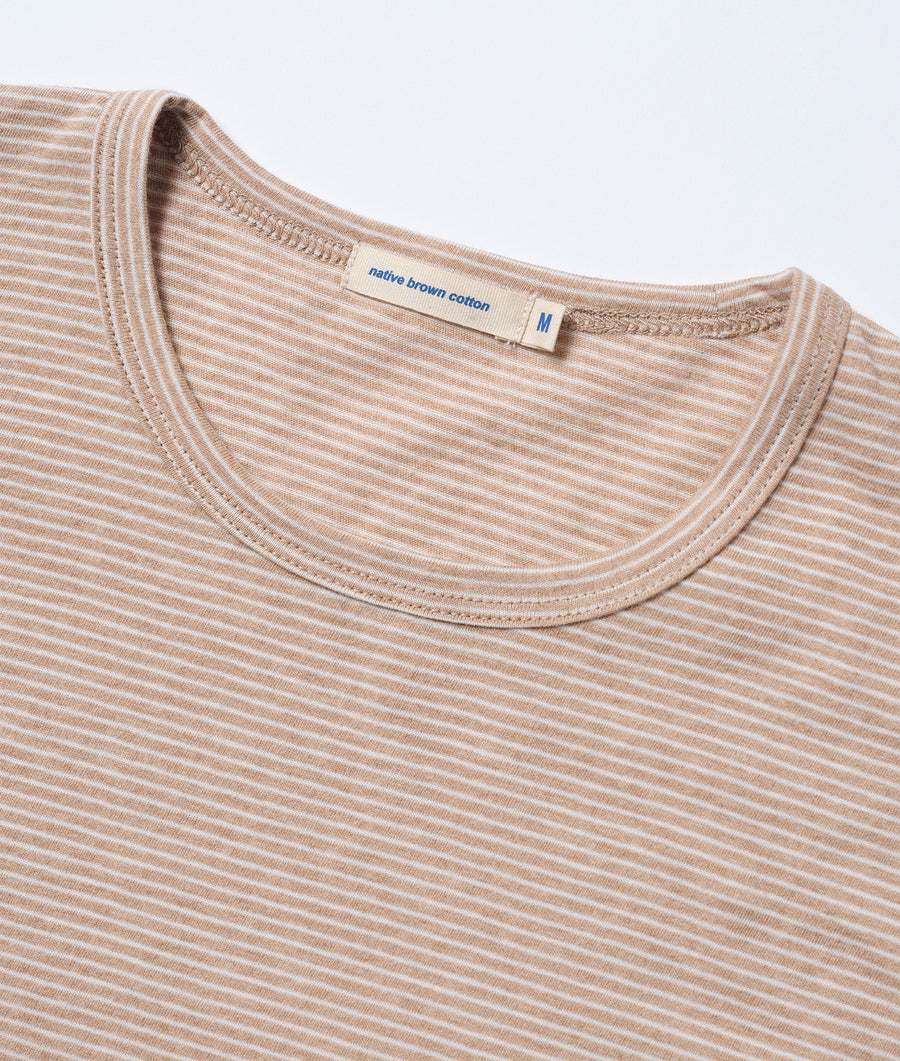Beige striped organic cotton t-shirt shown in close-up detail - Industry of All Nations