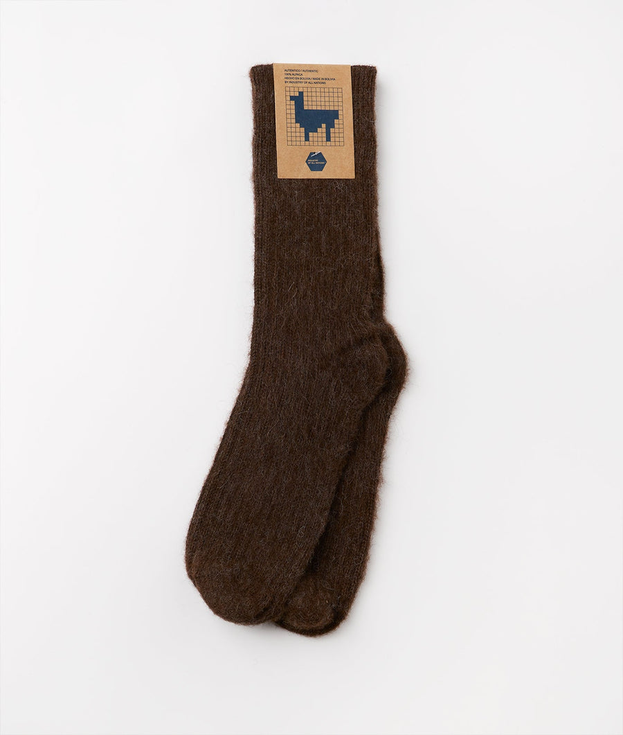 A pair of warm, brown alpaca wool socks displayed flat on a plain white background - Industry of All Nations